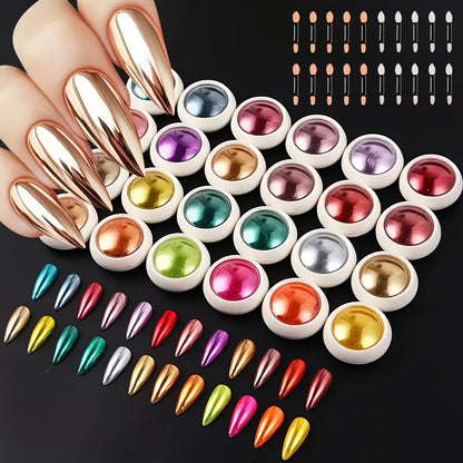 Chrome Nail Powder 24 Colors Set Holographic Mirror Effect Metallic Reflective Glitter Pigment for Gel Acrylic Nails DIY Manicure Art Decoration Non-Discoloring