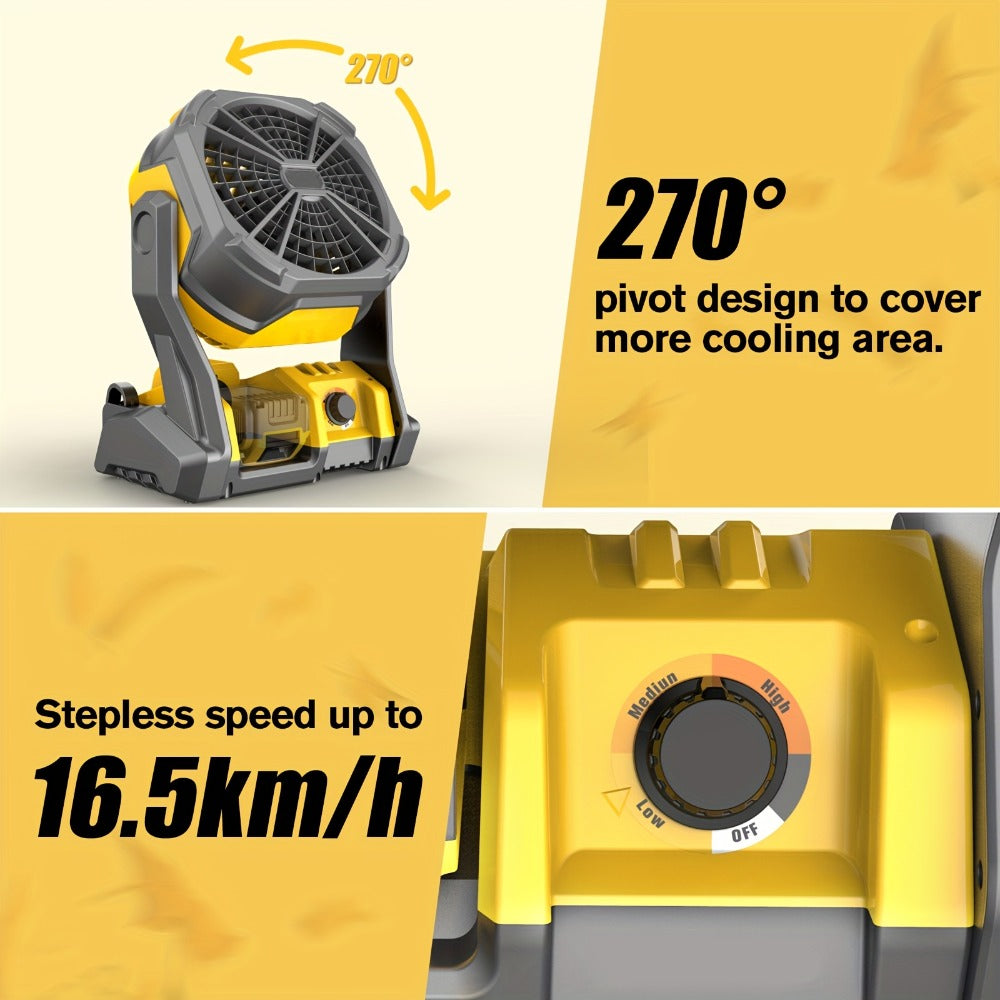 Yellow Cordless Work Fan for Select DeWalt 20V Max Batteries with LED Light, Hanging Hook and Adjustable Tilt, Battery Not Included