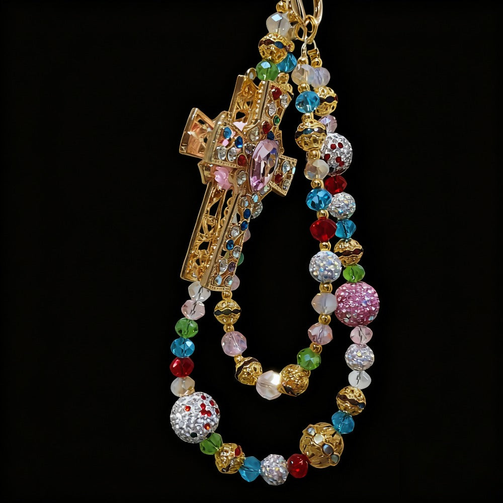 Colorful Crystal Cross Phone Chain Keychain with Rhinestone Beads and Gold-Tone Clasp for Bags or Phones