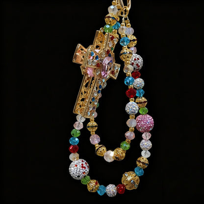 Colorful Crystal Cross Phone Chain Keychain with Rhinestone Beads and Gold-Tone Clasp for Bags or Phones
