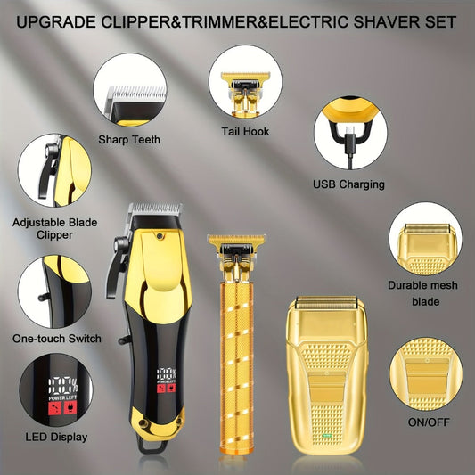 Men's Grooming Kit Hair Clipper Set USB Rechargeable LCD Display - Professional Clipper Razor T-Blade Trimmer 8 Guide Combs & Apron Complete Home Barber Kit Gold Black Gift for Men