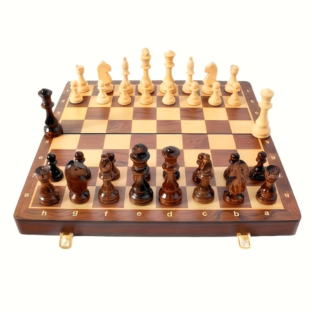 Folding Wooden-Style Chess and Checkers Set with 33 Chess Pieces and Internal Storage for Adult Tabletop Play