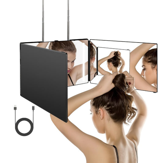 3 Way Mirror for Self Hair Cutting, 360° View Hair Cut Mirror to See Back of Head Height-Adjustable Hook Door Wall Table Mount Anti-Fog HD Glass Optional LED Light for Men Women DIY Home Barber