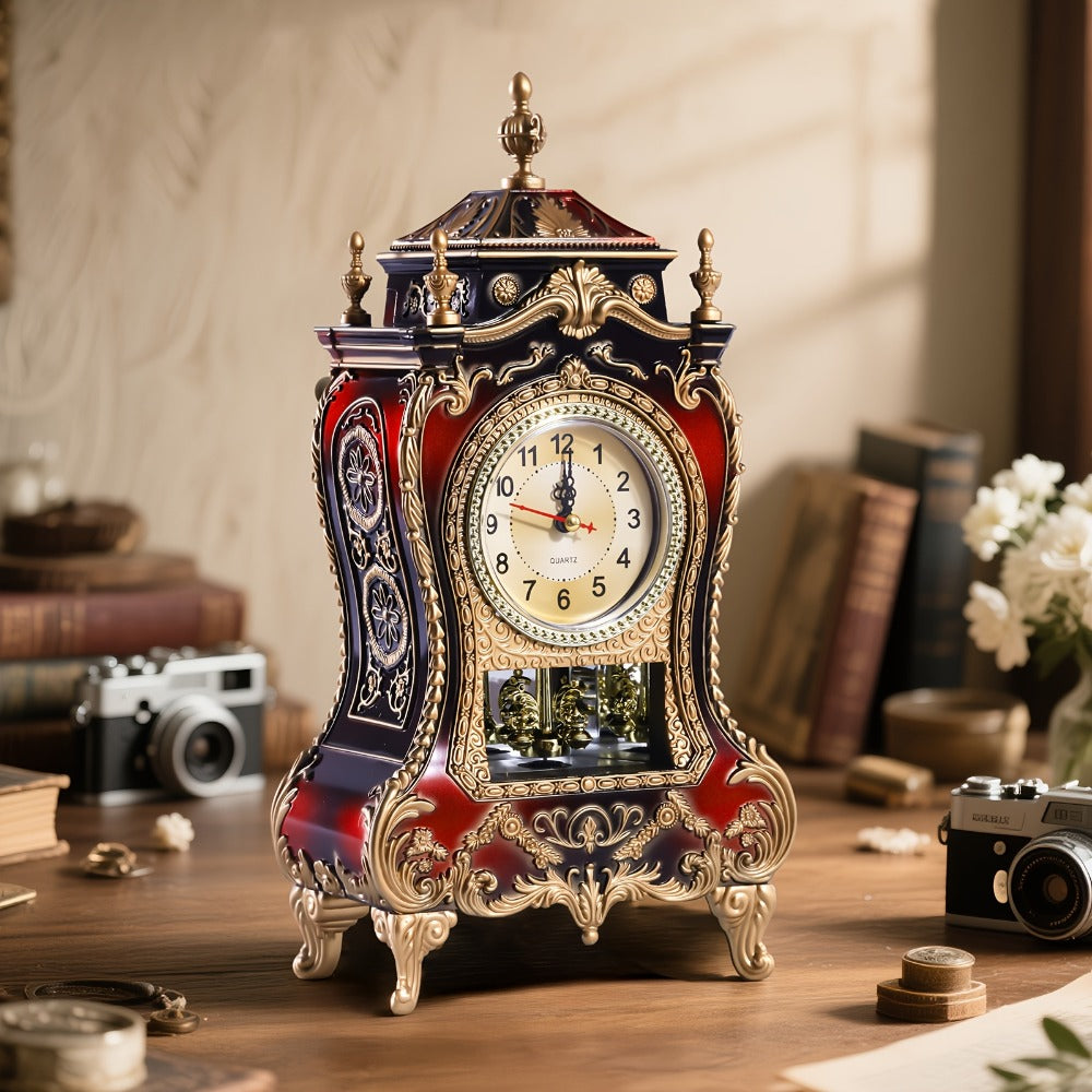 Ornate Brown-Red Tabletop Alarm Clock with Analog Dial, Decorative Pendulum Window and 14-Inch Height