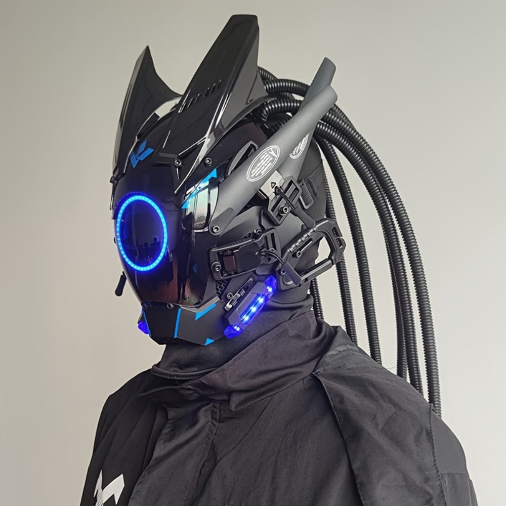 LED Braided Cyberpunk Costume Helmet with Circular Face Light and Blue, Green or Pink Accent Styles