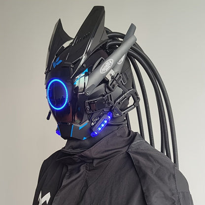 LED Braided Cyberpunk Costume Helmet with Circular Face Light and Blue, Green or Pink Accent Styles