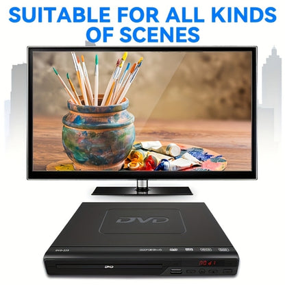 Compact Black DVD Player with USB Port, AV Output, Remote Control, RCA Cable and US Plug for Home TV