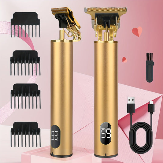 T-Blade Trimmer for Men Cordless Rechargeable - Nano Titanium Alloy Blades LED Display 4 Guide Combs 1.5-4mm - Pro Electric Hair Clipper for Hairline Fade Outline Beard Sculpting Black & Gold