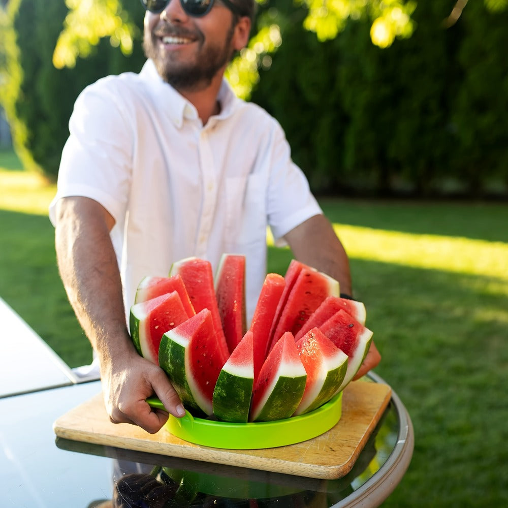 Round Watermelon Slicer Tool with Dual Green Handles, Central Coring Ring and Radial Metal Cutters