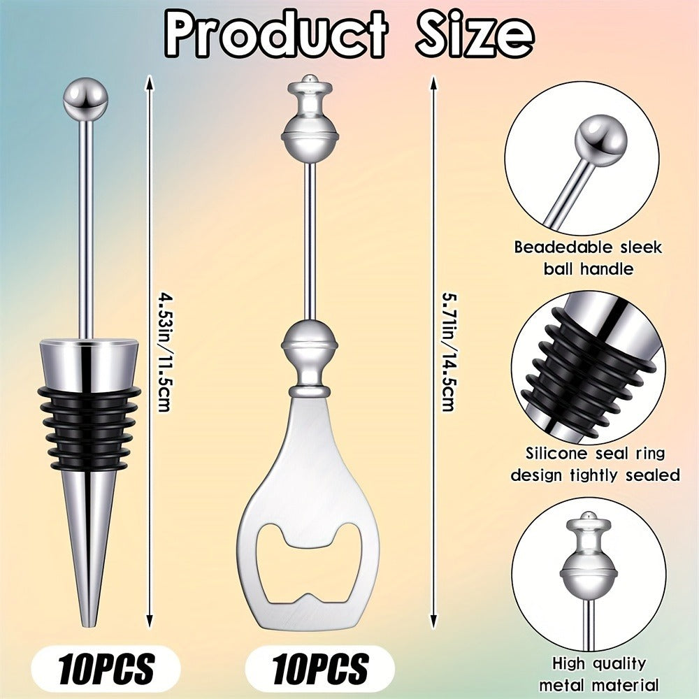 Beadable Bottle Opener and Wine Stopper Sets with Balanced 10- or 20-Piece Checkout Options