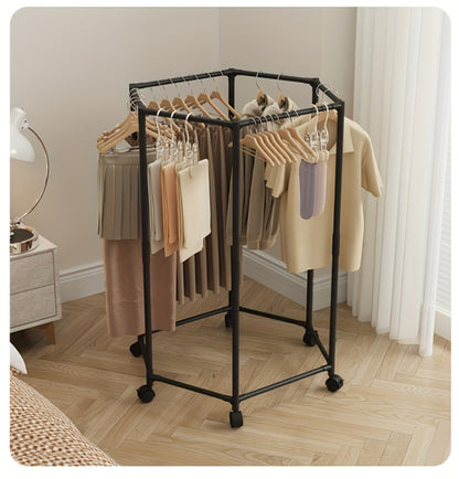 Rotating Hexagonal Garment Rack with Six-Sided Hanging Frame, Casters and Black or White Mesh-Bag Options