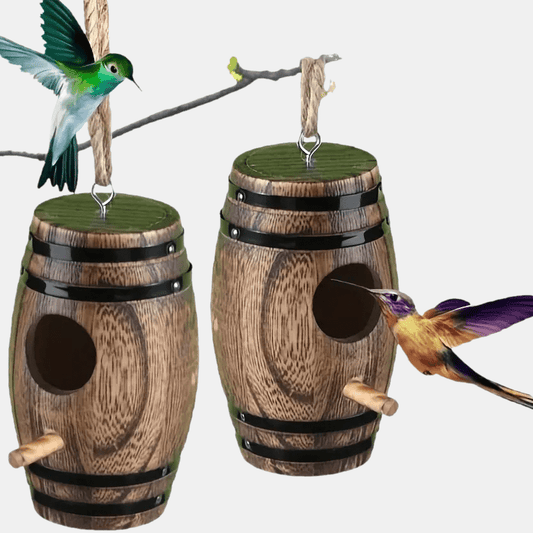Hummingbird Nest Handcrafted Wood Vintage Barrel Hanging Outdoor Decor