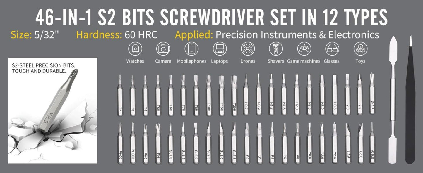 46-in-1 Precision Screwdriver Set with Magnetic Driver, Phillips, Slotted, Torx, Hex and Y-Type Bits