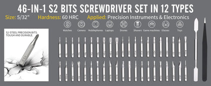 46-in-1 Precision Screwdriver Set with Magnetic Driver, Phillips, Slotted, Torx, Hex and Y-Type Bits