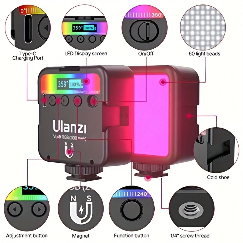 ULANZI VL49 RGB Video Light 360° Full Color LED Camera Light Panel - 2000mAh Rechargeable Dimmable Photography Lighting with 3 Cold Shoe Mounts & Magnetic Attachment for Portrait Studio Content Creation