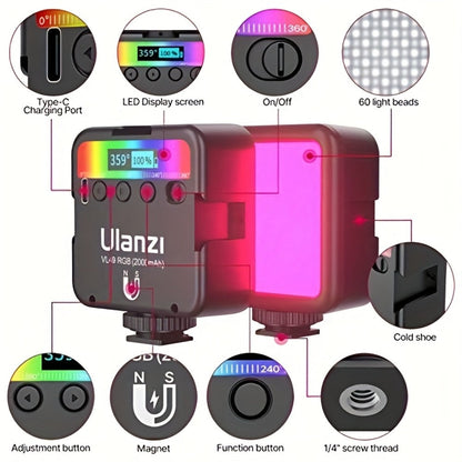 ULANZI VL49 RGB Video Light 360° Full Color LED Camera Light Panel - 2000mAh Rechargeable Dimmable Photography Lighting with 3 Cold Shoe Mounts & Magnetic Attachment for Portrait Studio Content Creation
