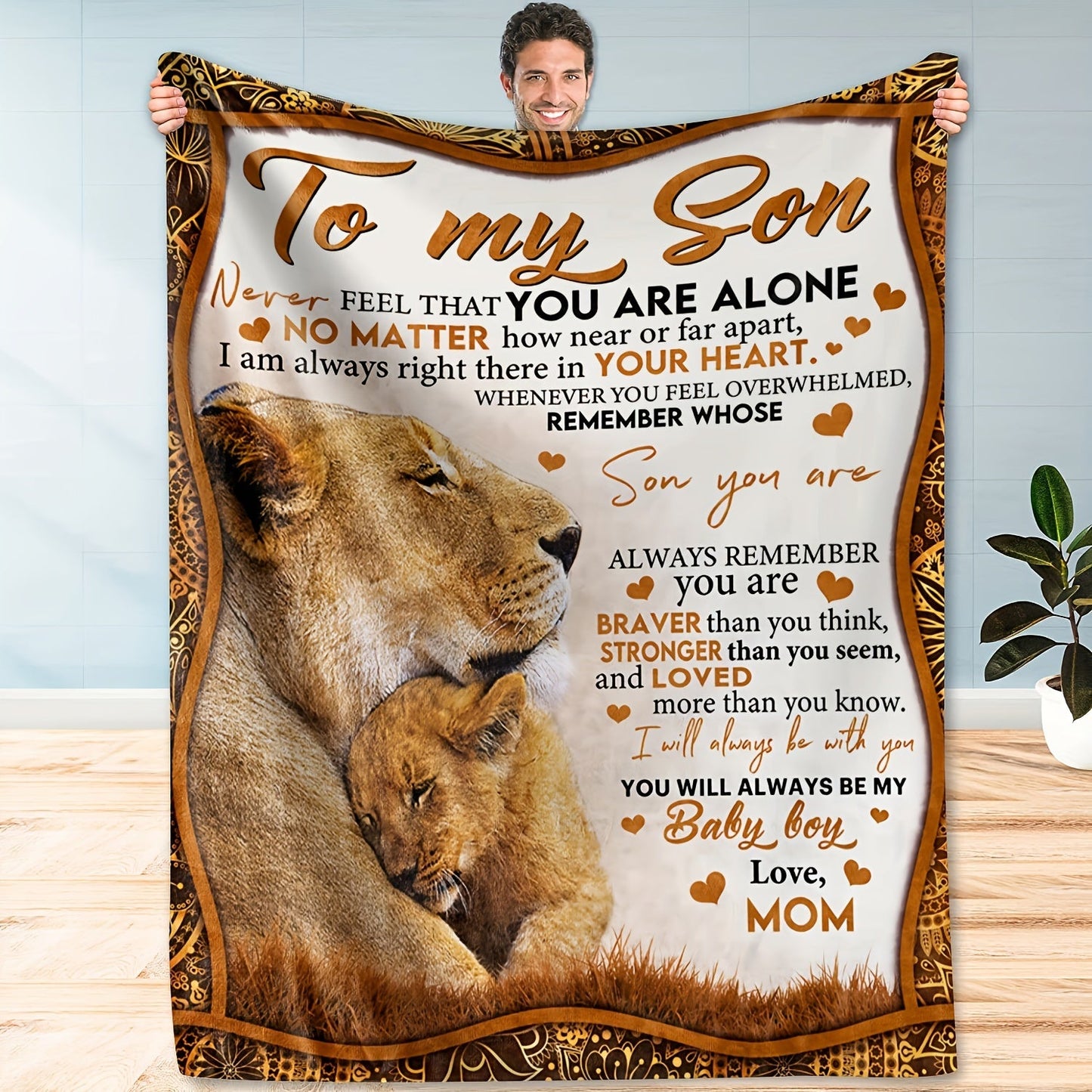 Lion Artwork Throw Blanket with To My Son Message from Mom in 50 x 60 or 60 x 80-Inch Sizes