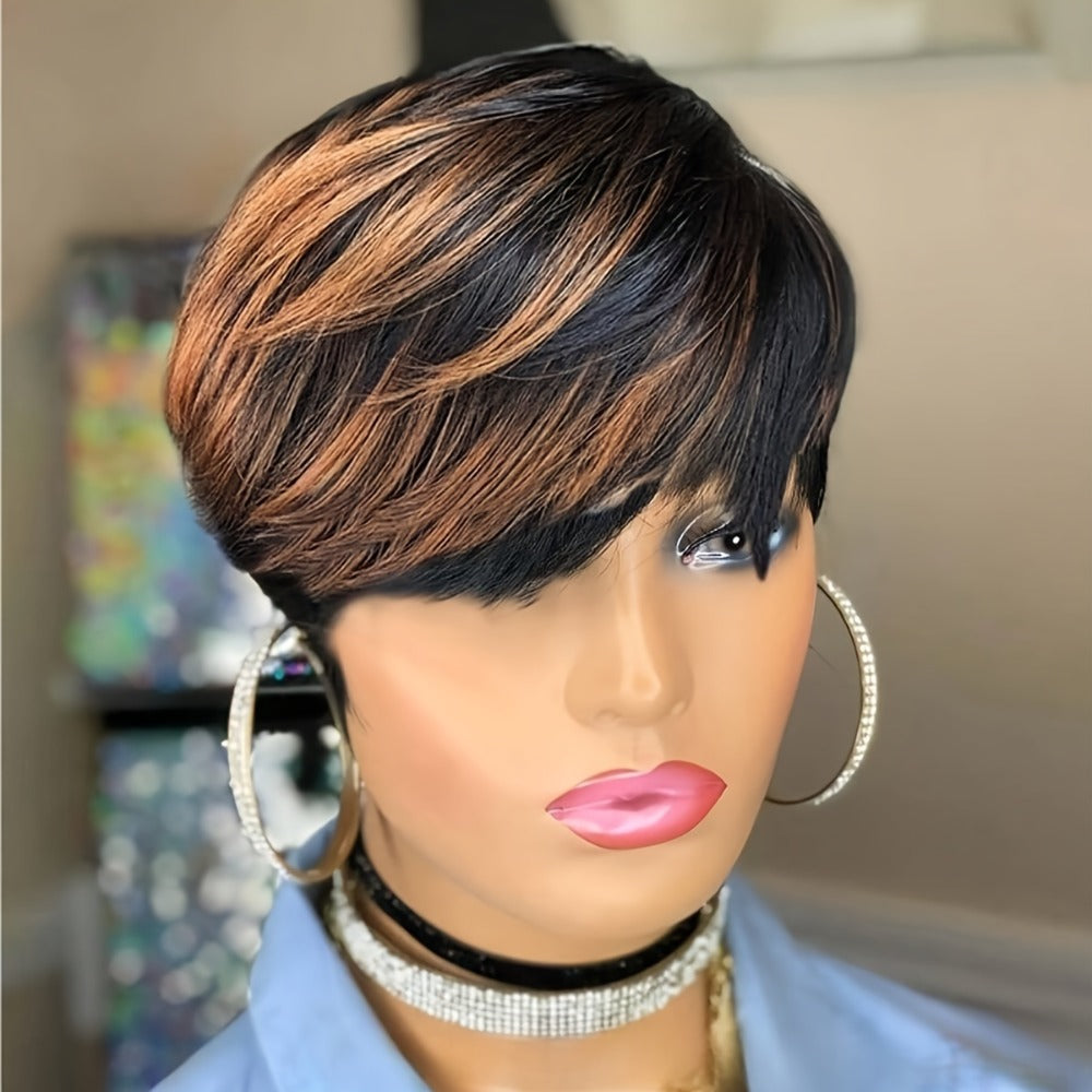 Synthetic Wig 10-Inch Bronze Ombre Pixie with Bangs, Straight Texture and Rose Net Cap for Daily Style