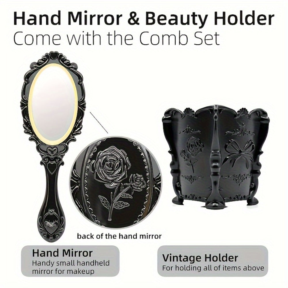 Retro Hair Comb Set with Mirror Scalp Massage Hairbrush Pocket Mirror Vintage Vanity Brush Set for Women Girls Travel Daily Grooming Makeup Gift Black