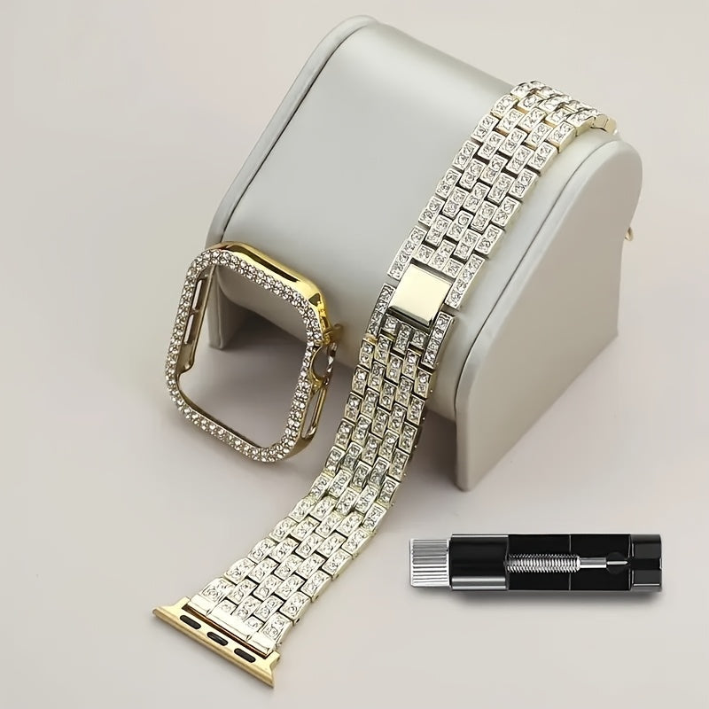 Rhinestone Diamond Bling Apple Watch Band for Women Girls – Five-Point Diamond Double-Row Crystal Strap Compatible with Apple Watch Ultra 2 Series 10 9 8 7 6 5 4 3 2 1 SE 38 40 41 42 44 45 49mm Gift