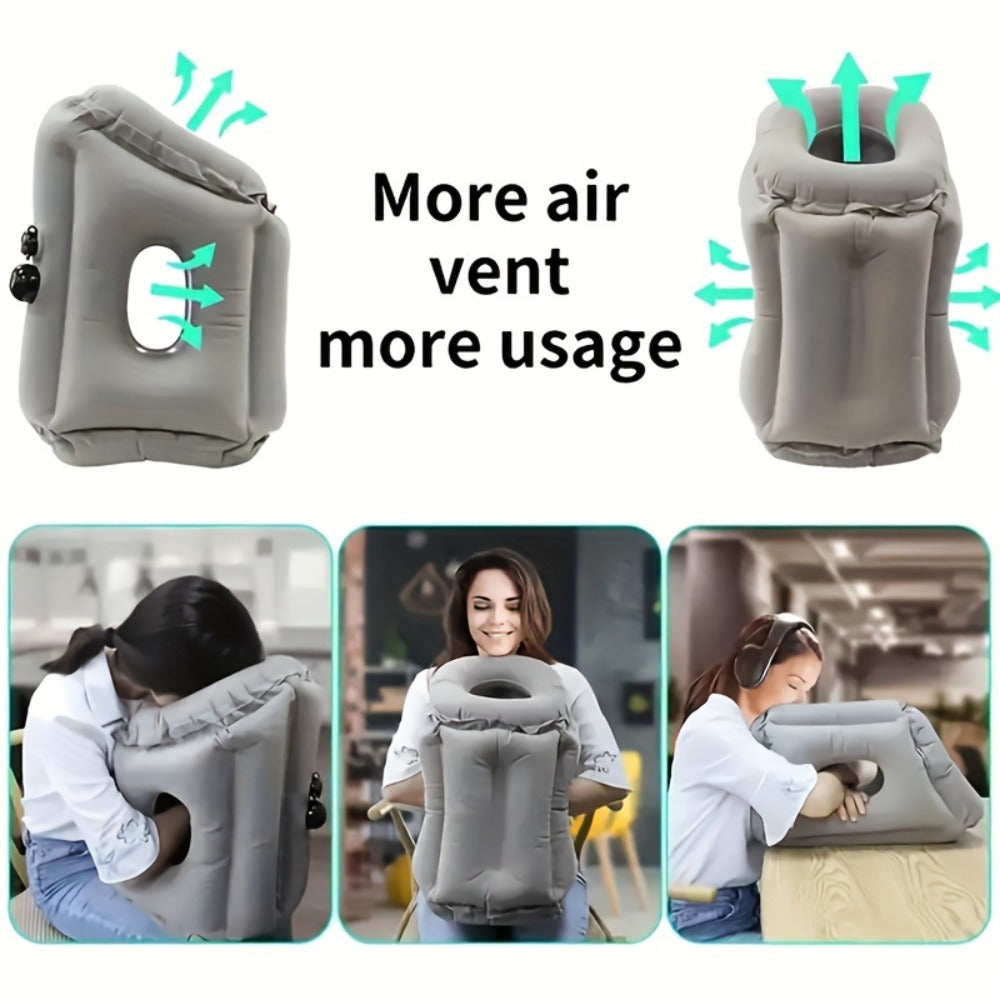 Grey Inflatable Forward-Leaning Travel Pillow with Face Opening, Arm Access, Carry Case and 37 × 32 × 26 cm Label