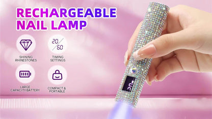 Rhinestone Handheld UV/LED Nail Lamp with 365nm/405nm Markings, 20s/60s Timers and USB Charging