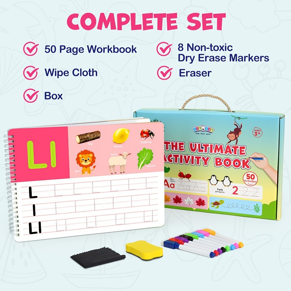 Preschool Busy Book for Toddlers Ages 2-6 – 50 Pages Tracing Writing Drawing Activity Workbook, Kindergarten Readiness Practice Book, Educational Learning Gift for Boys Girls 2 3 4 5 6 Year Old