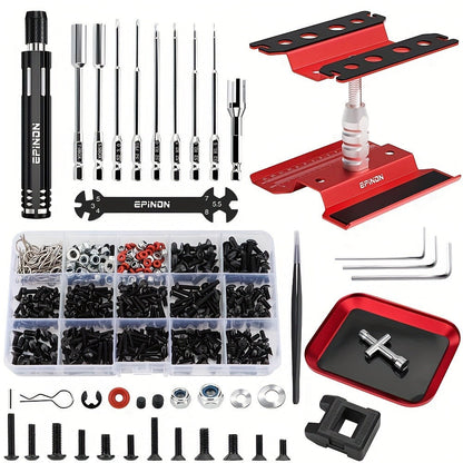 RC Car Maintenance Stand Tool Kit EPINON 360° Rotating Work Stand 520PCS Screw Set Aluminum Screwdriver Bits Compatible with 1/8 1/10 1/12 1/16 1/18 Traxxas Arrma Axial RC Cars Crawlers Trucks Red Blue