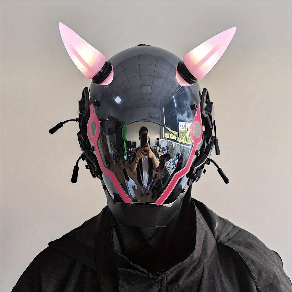 Pink LED Cyberpunk Costume Mask with Horned Full-Face Helmet, Reflective Visor and Lighted Accent Lines