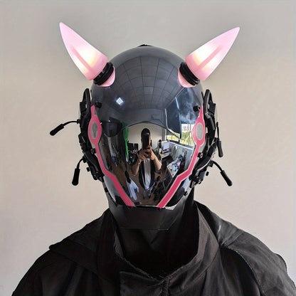 Pink LED Cyberpunk Costume Mask with Horned Full-Face Helmet, Reflective Visor and Lighted Accent Lines