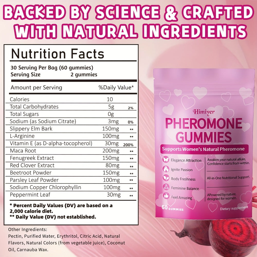 Women's Pheromone Gummies with L-Arginine, Maca & Beetroot – Natural Attraction, Confidence & Feminine Balance Supplement, Strawberry Flavor, 30 Gummies 30-Day Supply