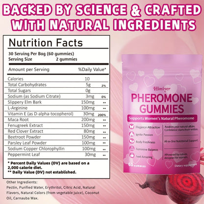 Women's Pheromone Gummies with L-Arginine, Maca & Beetroot – Natural Attraction, Confidence & Feminine Balance Supplement, Strawberry Flavor, 30 Gummies 30-Day Supply