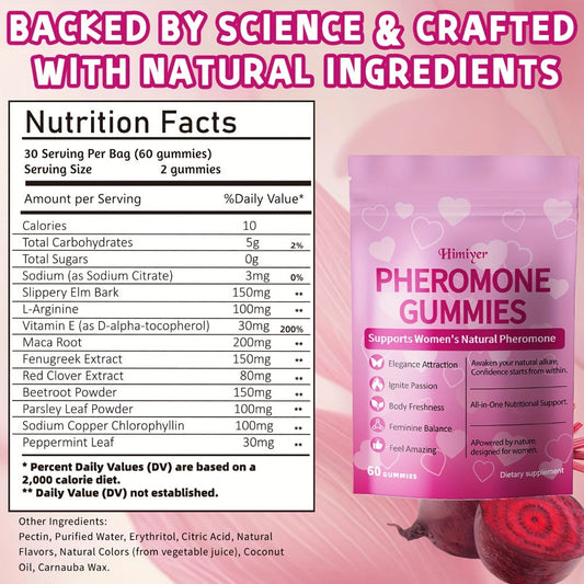 Women's Pheromone Gummies with L-Arginine, Maca & Beetroot – Natural Attraction, Confidence & Feminine Balance Supplement, Strawberry Flavor, 30 Gummies 30-Day Supply