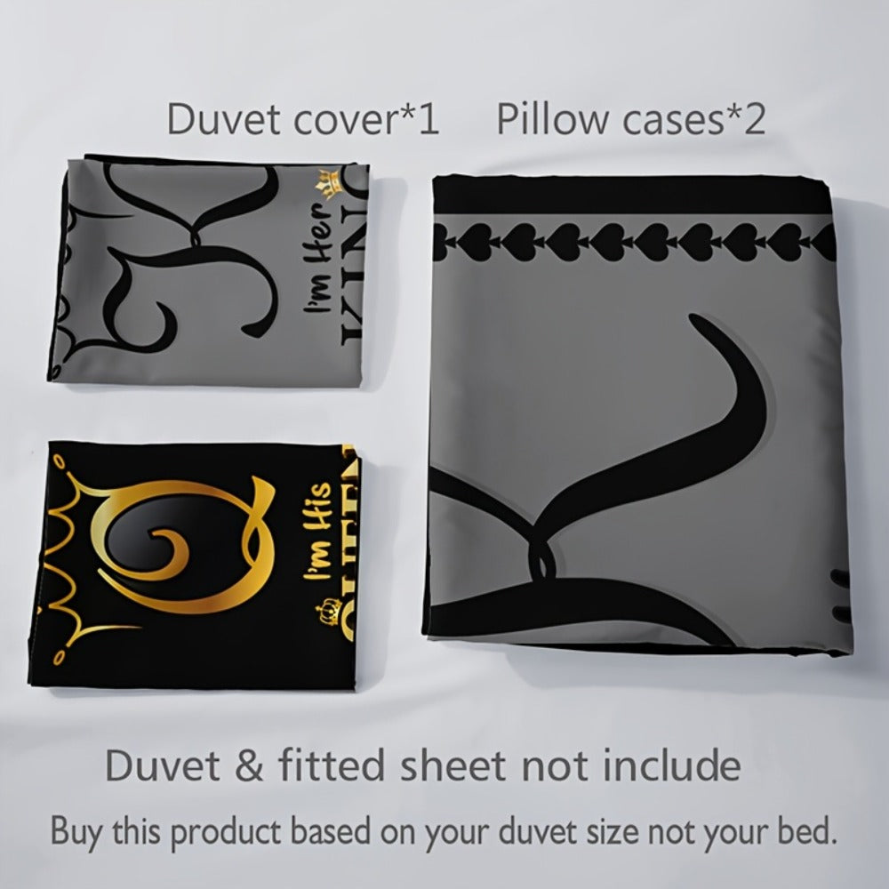 King and Queen Print Duvet Cover Set with Two Pillowcases, Three Styles and Four Bed Sizes
