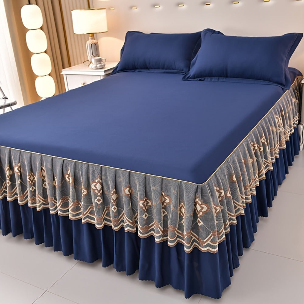 Macrame Lace Bed Skirt Set 3pcs – Double Layer Non-Slip Bed Skirt with 2 Pillowcases All Seasons Twin Full Queen King