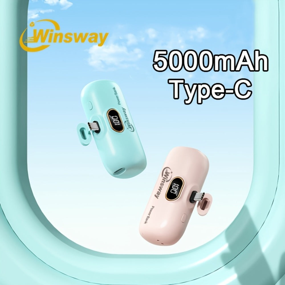 Winsway 5000mAh Mini Portable Charger Type-C Metal Plug with LED LCD Display – Fast Charging Pocket Battery Pack for iPhone 17 16 15 Pro Max iPad Pro Android Samsung, Compact Travel Gift
