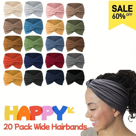 Stretchy Headbands 20 Pack for Women & Men – Soft Sweat-Wicking Non-Slip Elastic Turban Knot Hair Wraps Breathable Solid Colors for Yoga Running Gym Workout Daily Fashion Bulk Set