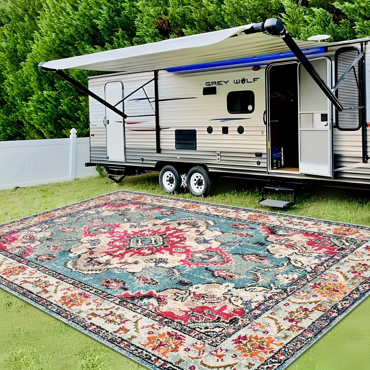 Outdoor Rug | Persian Floral Rubber Back Machine Washable Patio Garden