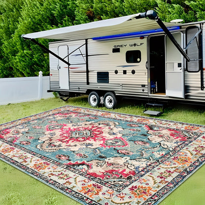 Outdoor Rug | Persian Floral Rubber Back Machine Washable Patio Garden