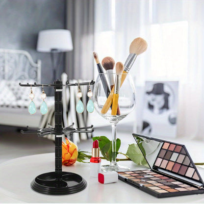 Rotating Jewelry Stand 2-Tier Black – Necklace Bracelet Earring Organizer Display Rack, Plastic Hanging Jewelry Tower for Dressing Table Counter, Keychain Holder, No Electricity Needed