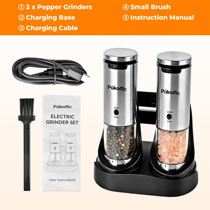 Electric Pepper Grinder Set of 2, Rechargeable with Charging Base, 6 Adjustable Coarseness Settings