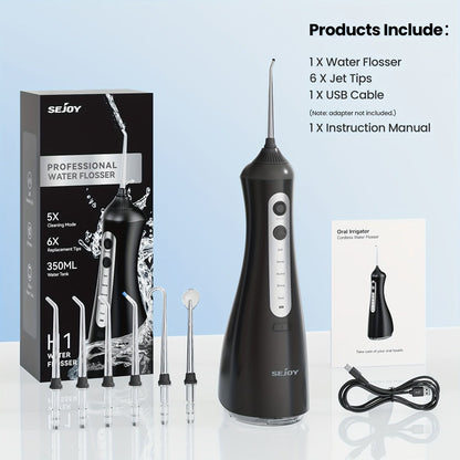 350 ml Cordless Water Flosser Kit with Six Jet Tips, Five Mode Labels, USB Cable and Manual