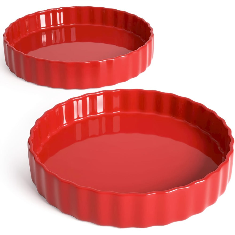 Two-Piece 9.5 Inch Ceramic Quiche Pan Set with Fluted Edges in Blue, White or Red for Pies and Tarts