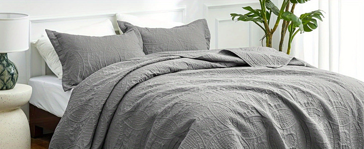 Three-Piece Lightweight Microfiber Quilt Set with Pillow Shams in Ten Size and Color Options