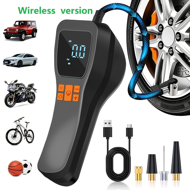 Cordless Tire Inflator Portable USB Rechargeable – Digital Gauge & LED Light, Fast Air Compressor with Auto Shutoff for Car, Bike, Motorcycle & Sports Equipment, Emergency Flat Tire Pump
