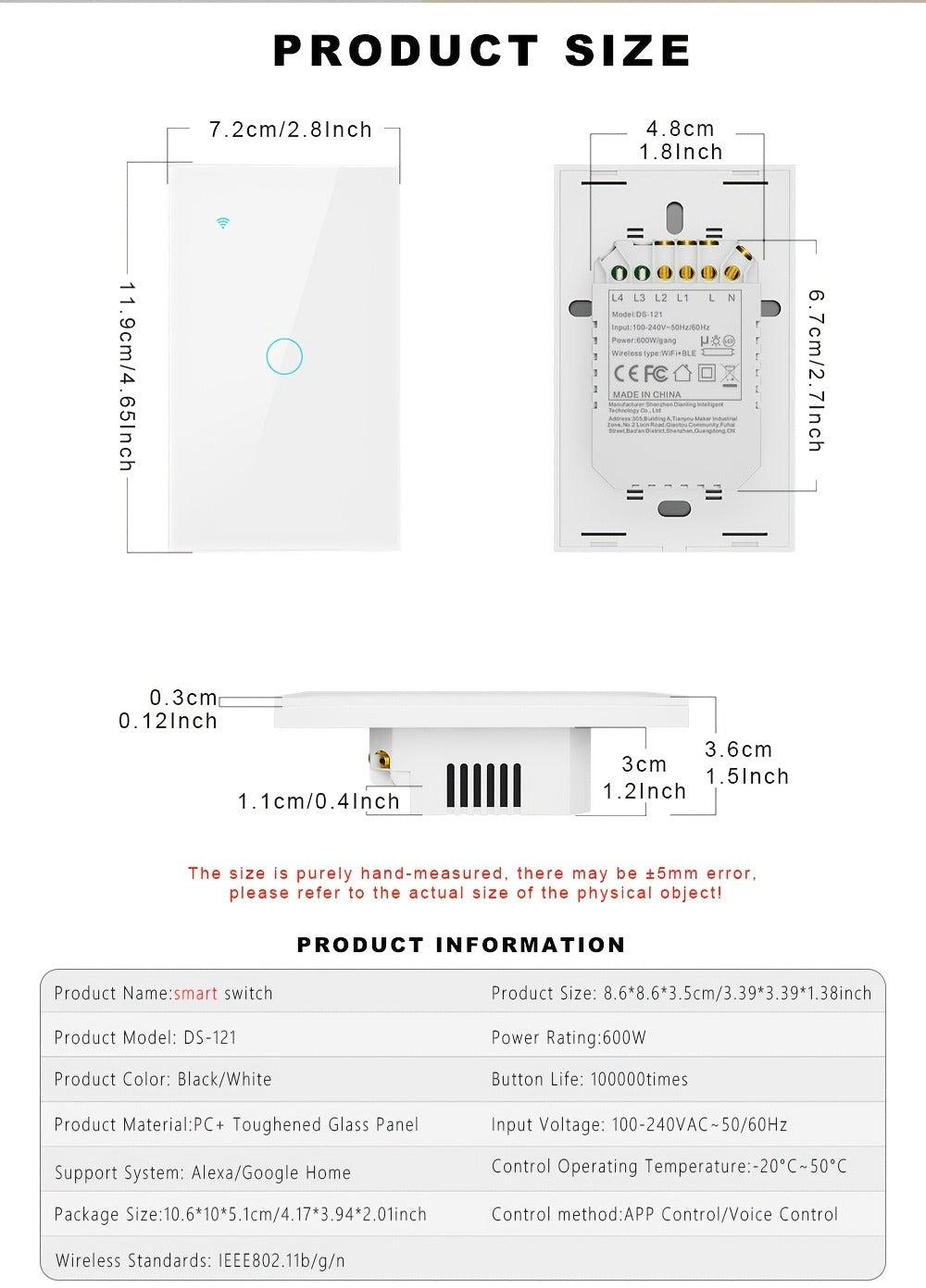 White Glass WiFi and Bluetooth Touch Wall Switch with One- to Four-Gang US-Style Options and Neutral-Wire Wiring