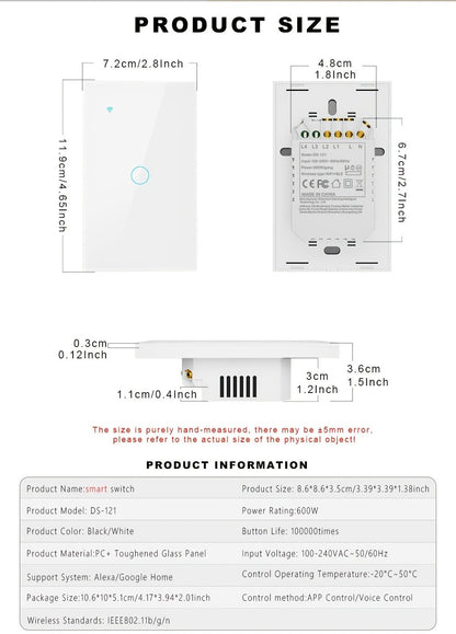 White Glass WiFi and Bluetooth Touch Wall Switch with One- to Four-Gang US-Style Options and Neutral-Wire Wiring