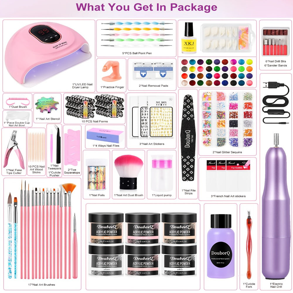 Acrylic Nail Kit with Electric Drill & UV LED Nail Lamp - Complete Professional Starter Set for Beginners with Acrylic Powder Brush Tools All-in-One Nail Extension System