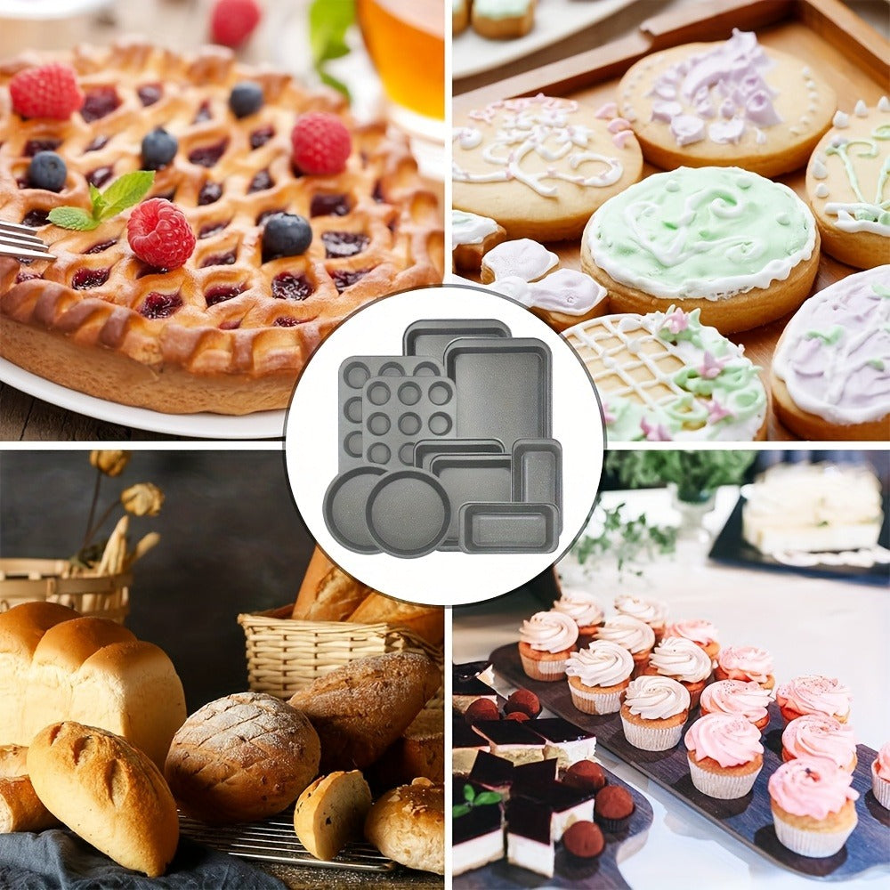 Mixed-Color Bakeware Set with 2–18 Pieces, Cake and Muffin Pans, Trays, Racks and Tools Pictured