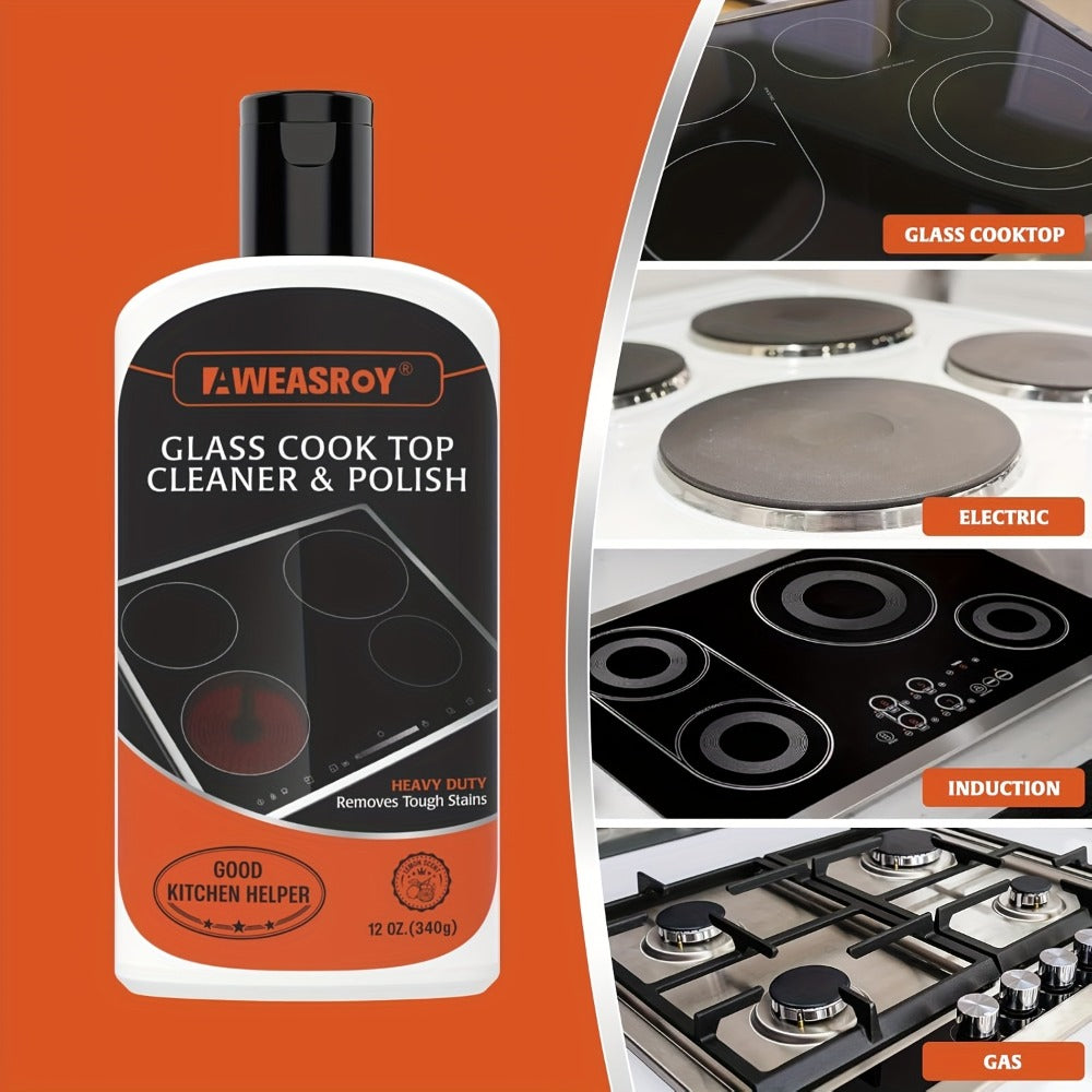 Glass Stove and Cooktop Cleaner Kit with 12 oz Cleaner, Scraper, Scrubbing Pad, Handle and Cloth, Nine Pieces